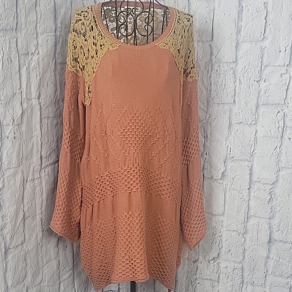ANTHROPOLOGY EASEL Boho Textured Knit Crochet Lace Sweater Tunic M/L